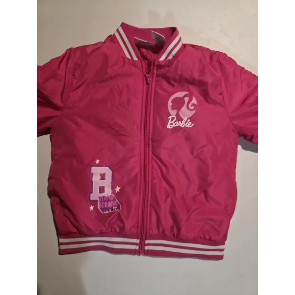 Barbie Bomber Jacket Girls 7/8 Button Up Varsity 59 Pink Youth Kids Coat